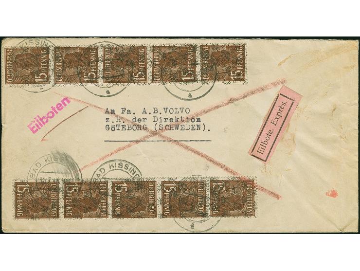 Netz auf Arbeiter 15 Pfg., zwei senkrechte 5er-Streifen je mit Stempel “BAD KISSINGEN 31.7.48” als tarifgerechte Frankatur au