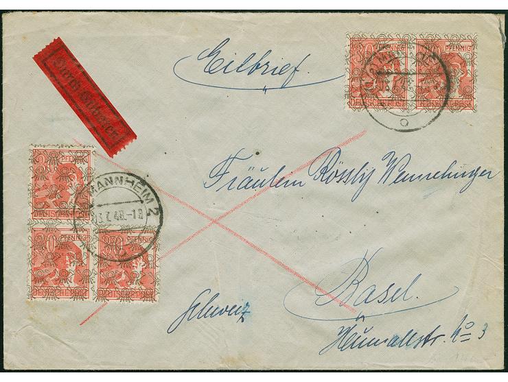 Netz auf Arbeiter 30 Pfg. im waagerechten und senkrechten Paar sowie Einzelmarke je mit Stempel “MANNHEIM 3.7.48” als tarifge