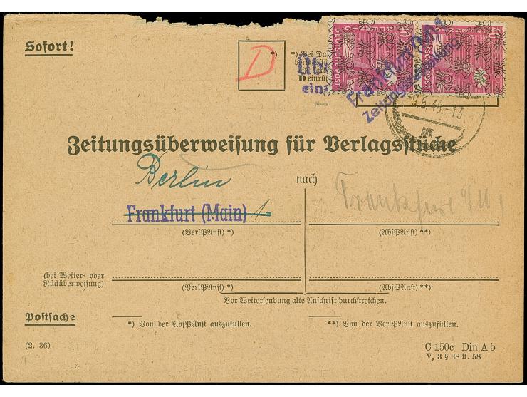 Netz auf Arbeiter 40 Pfg. im senkrechten Paar mit violettem L2 “Frankfurt (M)1 Zeitungsabteilung” als richtig frankierte Gebü