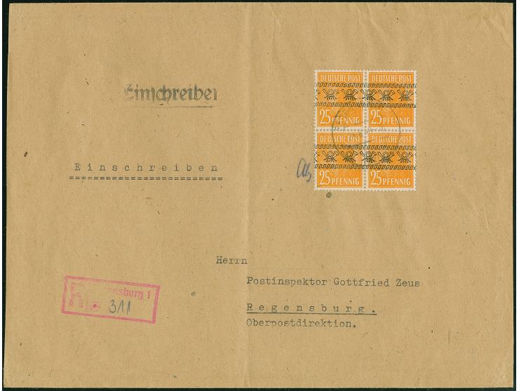 Band auf Arbeiter 25 Pfg. im Viererblock mit Stempel “REGENSBURG 24.8.48” als tarifgerechte Mehrfachfrankatur auf R-Ortsbrief