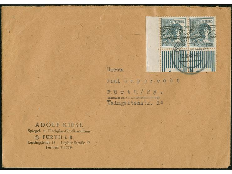 Band auf Arbeiter 12 Pfg. mit kopfstehendem Aufdruck im waagerechten Paar aus der linken unteren Bogenecke mit Stempel “FÜRTH