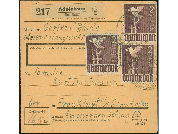 Taube 2 M., drei Einzelmarken mit Stempel “ADELEBSEN über USLAR 2.10.47” als Mehrfachfrankatur auf Paketkarte nach Frankfurt 