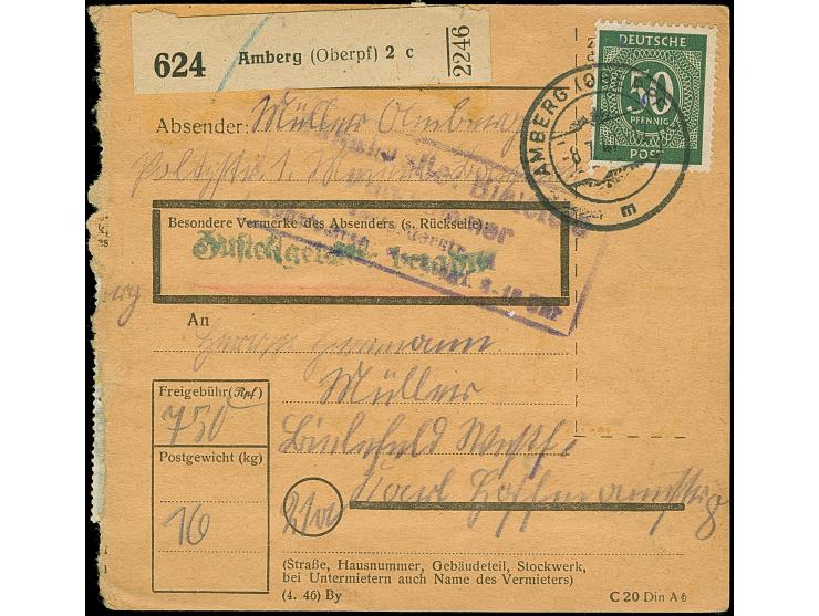 Ziffer 50 Pfg. im senkrechten 8er-Block, Viererblock mit Eckzahnfehler und drei Einzelmarken je mit Stempel “AMBERG 8.7.47” a