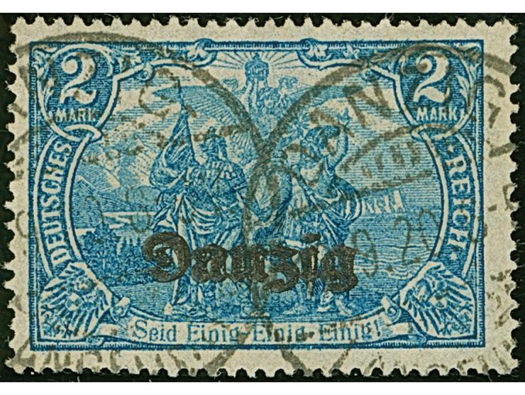 1920, 2 Mark dunkelkobaltblau, mit klarem Doppeldruck, farbfrisch und gut gezähnt, sauber zeitgerecht gestempelt “DANZIG-LANG