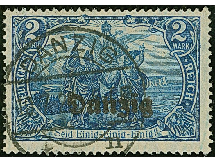 1920, 2 Mark schwarzblau, farbfrisch und gut gezähnt, sauber zeitgerecht gestempelt “DANZIG * 1 n 10.7.21”, tadellos, eine se
