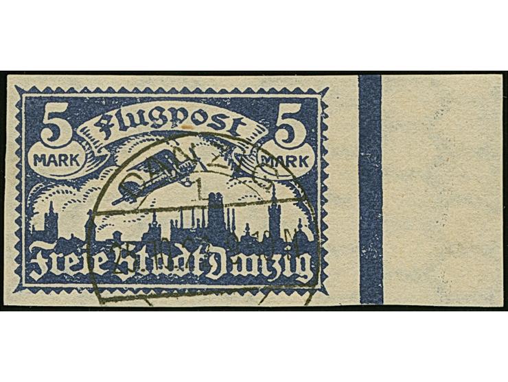 1921, Flugpost 5 Mark, liegendes Wasserzeichen, breitrandig ungezähnt mit rechtem Seitenrand, sauber gestempelt “DANZIG 1 y 2