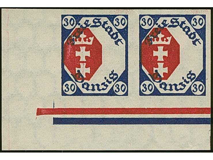 1921, Staatswappen 30 Pfennig, waagerechtes Paar aus der linken unteren Bogenecke, ungezähnt mit verschobenem Mittelstück, po