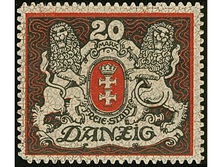 1921, Großes Staatswappen 20 M., Probedruck auf Papier mit stehendem Wasserzeichen und violettem Rosettenunterdruck, sauber u