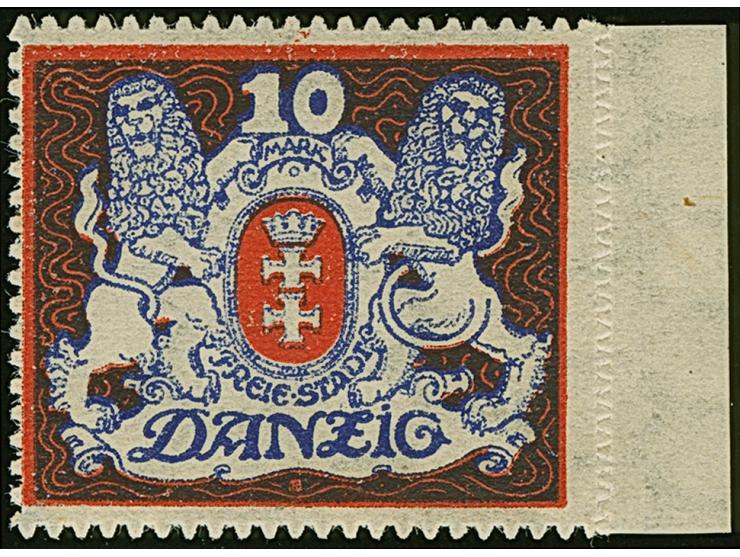 1921, Großes Staatswappen 10 Mark, ohne Rosettenunterdruck, rechtes Seitenrandstück, postfrisch, tadellos, Kurzbefund Soeckni