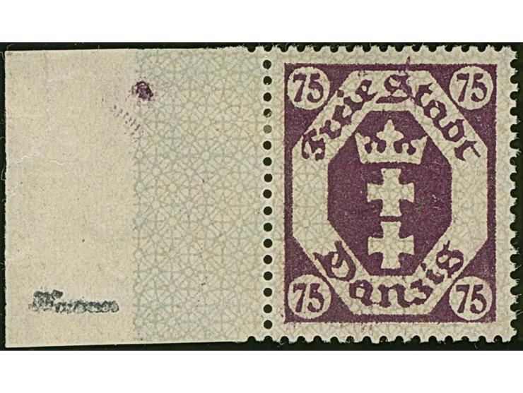 1922, Kleines Staatswappen 75 Pfg. mit Rosettenunterdruck, linkes Seitenrandstück, ungebraucht, tadellos. Der Rosettenunterdr