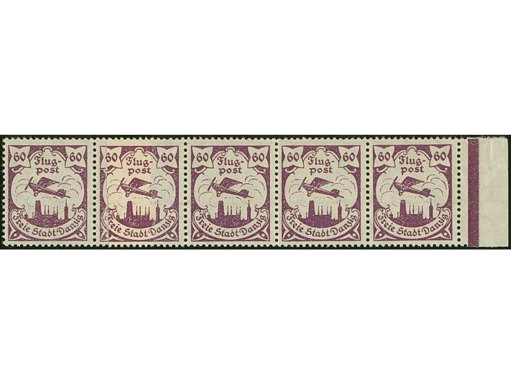 1923, Flugpost 60 Pfennig, waagerechter 5er-Streifen mit rechtem Seitenrand, die zweite Marke von links auf geklebter Papierb