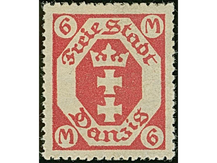 1922, Wappenausgabe mit Wasserzeichen 'kleine Maschen': 6 Mark rotkarmin, farbfrisch, gut zentriert sowie gezähnt, sauber ung