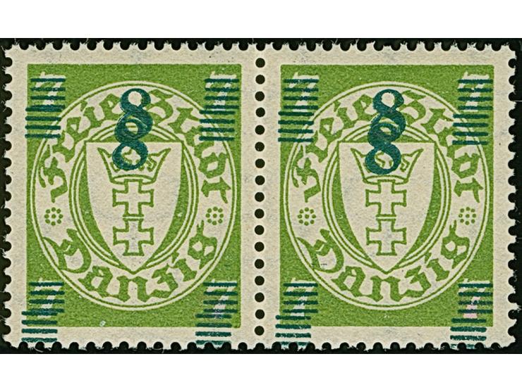 1934, 8 auf 7 Pfennig, waagerechtes Paar, doppelter, dunkelblaugrüner Aufdruck, postfrisch, tadellos, private Signatur und Fo