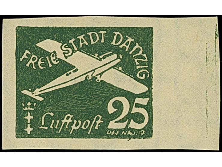 1935, Flugpost 25 Pfennig schwärzlichgraugrün, ungezähnter Probedruck mit rechtem Seitenrand, postfrisch, tadellos. Eine sehr