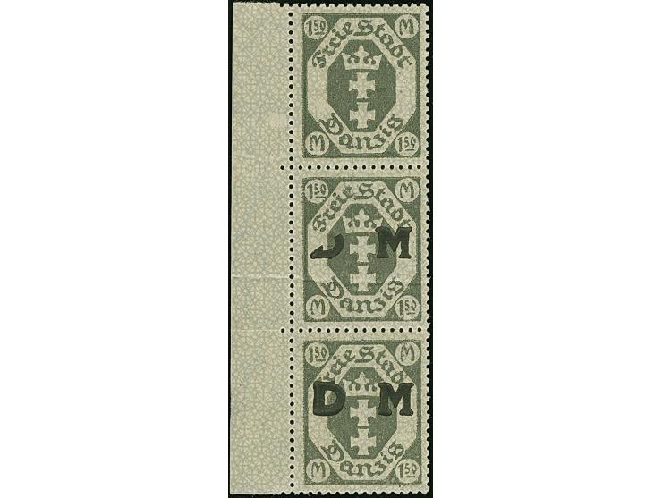 1921, Staatswappen 1,50 Mark, senkrechter Dreierstreifen mit linkem Seitenrand, die obere Marke ohne Aufdruck (nur im Blinddr