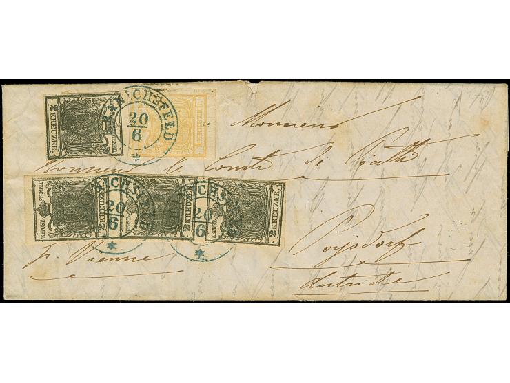 1850, 1 Kr. ockergelb, Type Ib mit Abart “Doppelseitiger Druck”, als Zufrankatur mit 2 Kr. schwarz Type Ib (senkrechter Dreie