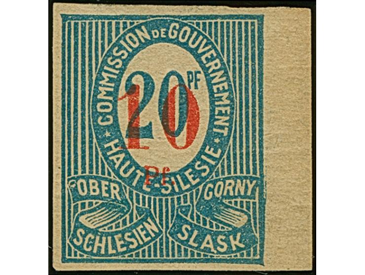 1920, Aufdruck-Provisorien 10 Pf. auf 20 Pfennig preußischblau, Aufdrucktype Ia, ungezähnt mit rechtem Seitenrand, postfrisch