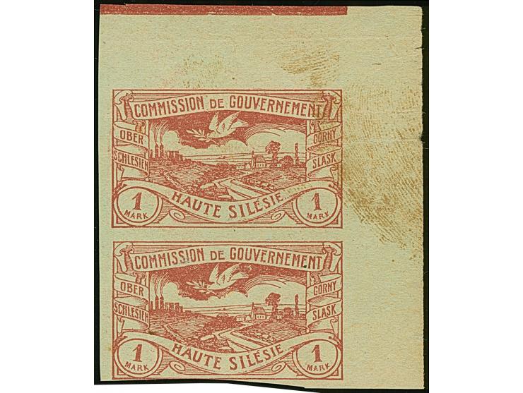 1920, Hüttenwerke 1 Mark dunkelkarminrot, ungezähnter Probedruck auf gelbgrünem, ungummierten Papier, senkrechtes Paar aus de