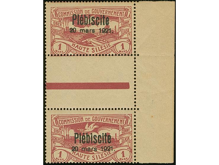 1921, Plebiscite 1 Mark, senkrechtes Zwischenstegpaar mit rechtem Seitenrand, postfrisch, oben in der Zähnung gefaltet, tadel