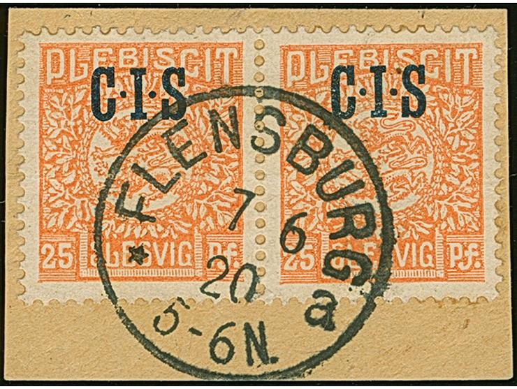 1920, CIS 25 Pfennig, waagerechte Paar, farbfrisch und gut gezähnt, sauber mit EKr. “FLENSBURG 7 6 20” auf Briefstück, tadell