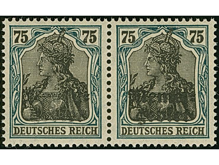 1920, Germania 75 Pfennig auf schwarzgrün/grünschwarz, waagerechtes Paar, dabei die linke Marke mit größtenteils fehlendem Au