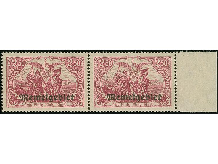 1920, Germania 2,50 Mark rotlila, waagerechtes Seitenrandpaar, die linke Marke mit Urmarkenplattenfehler “oberer Rahmen über 