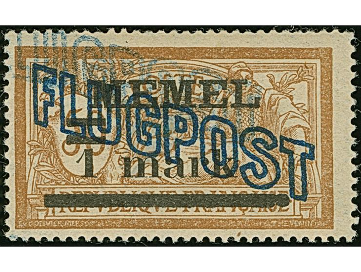 1921, Flugpost 1 mark auf 50 Centimes dunkelgrün/grauultramarin auf weißem Papier, doppelter Aufdruck, mit Urmarkenplattenfeh