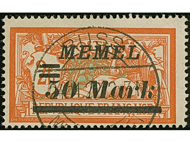 1922, Freimarke 50 Mark auf 2 Franc, mit Aufdruckfehler “oberer Teil des Doppelbalkens links beschädigt”, farbfrisch und gut 