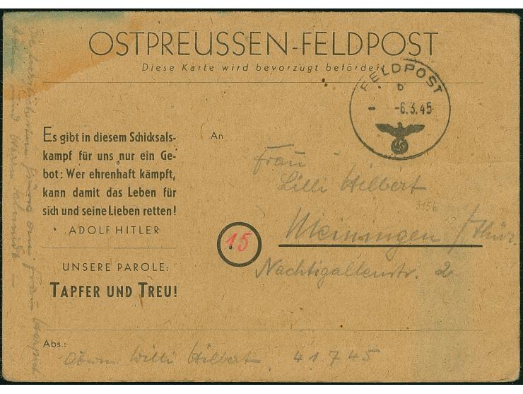Ostpreussen-Feldpostkarte auf gelbbeigem Karton, gebraucht mit Normstempel “b 6.3.45” und Absendervermerk mit Feldpostnummer 