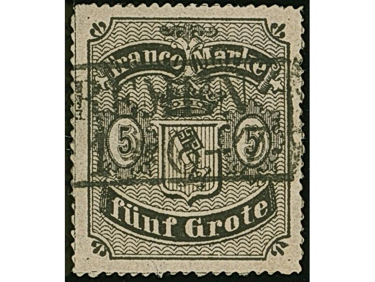 1862, 5 Grote auf mattgraubraun, farbfrisch und gut durchstochen, sauber entwertet durch zentrisch aufgesetzten Ra2. Tadellos