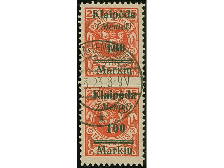 1923, Strichausgabe 100 Markiu auf 25 Centai, senkrechtes Paar, mittig ungezähnt, sauber gestempelt “(SCHM)ALLENINGKEN 3.23”,