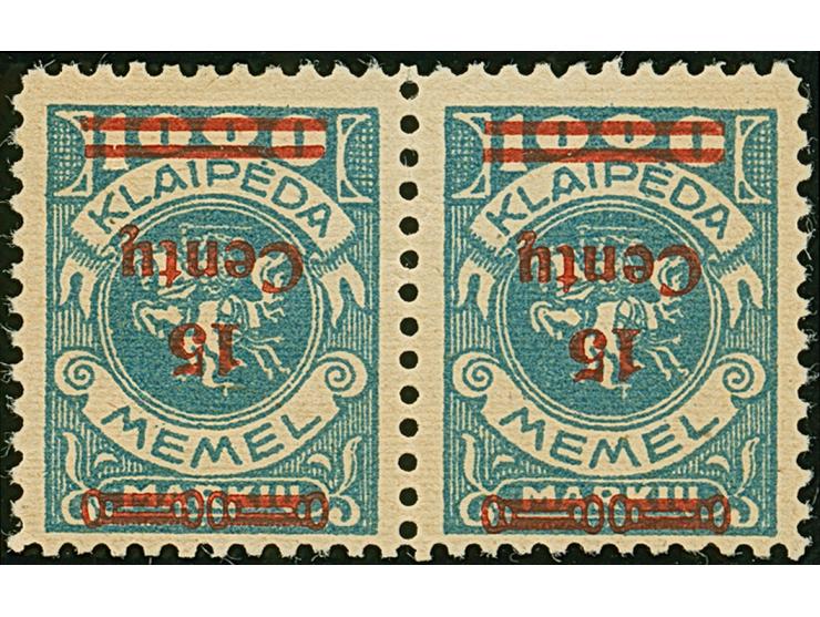 1923, 24-Werte 15 Centu auf 1000 Markiu, kopfstehender Aufdruck, waagerechte Paar, sauber ungebraucht, winzig angetrennt, son