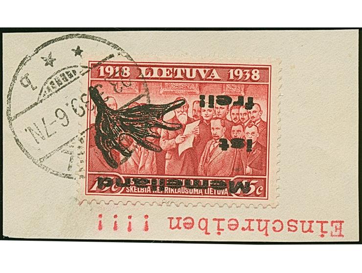 1939, Elchschaufel 15 Centu, kopfstehender Aufdruck in Type II, sauber mit Stempel “MEMEL 23.3.39” auf Briefstück, tadellos, 