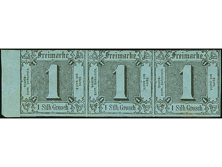 1853, 1 Sgr. a. graublau, waagerechter 3er-Streifen, oben etwas angeschnitten, sonst voll- bis überrandig, links mit ca. 6 mm