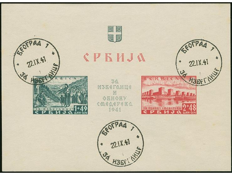 1941, Semendria Block 1+2 Dinar, geschnitten, sauber mit Ersttagsstempel “SMEDEREVEO 22.IX.41" entwertet, winzig fleckig, son