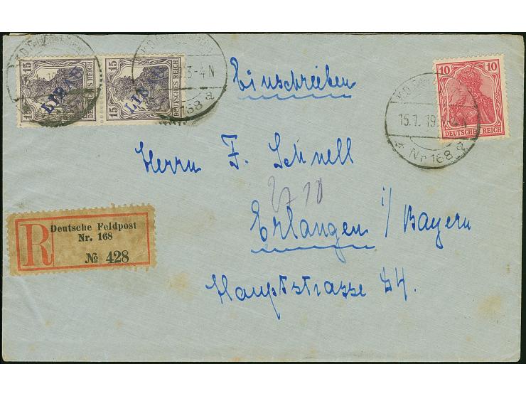 1919, Aufdrucktype I: Germania 15 Pfennig schwarzviolett, senkrechtes Paar zusammen mit Deutsches Reich Germania 10 Pfennig r