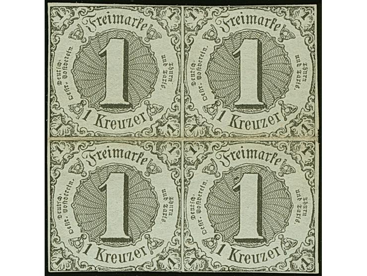 1 Kr. auf olivgrau im 4er-Block, unten links winzig berührt, sonst voll- bis breitrandig und farbfrisch, ungebraucht mit Orig