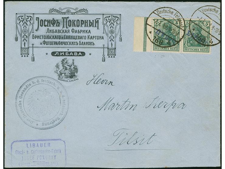 1919, Aufdrucktype II, violettblauer Aufdruck: Germania 5 Pfennig schwärzlichblöulichgrün, waagerechtes Seitenrandpaar, die l