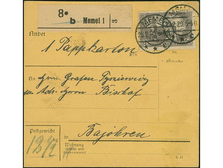 1920, Germania 3 Mark schwarzgrauviolett, farbfrisch und gut gezähnt sauber mit Stempel “MEMEL 25.20” auf portogerechter Pake