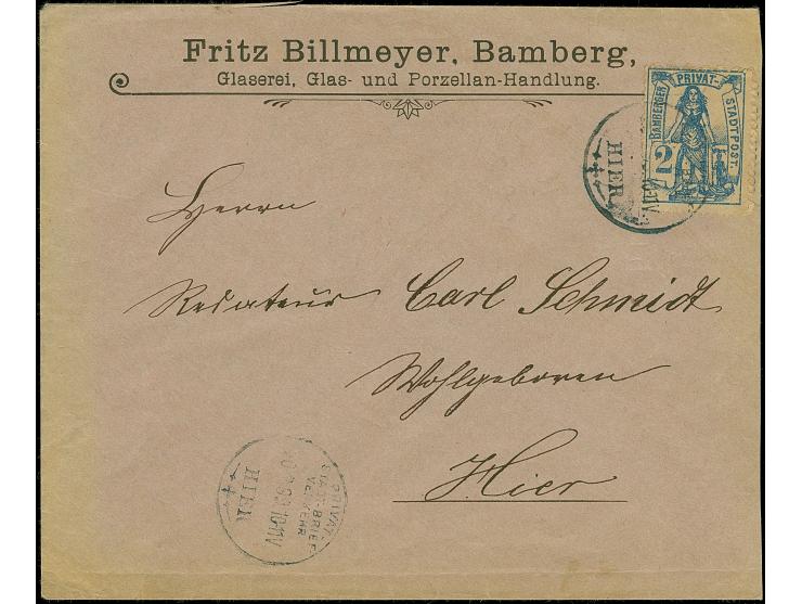 Bamberg-Privat-StadtBrief-Verkehr: 1897, 2 Pfg. blau auf rauem Papier mit Stempel “PRIVAT-STADT-BRIEF-VERKEHR 20.2.99 HIER” a