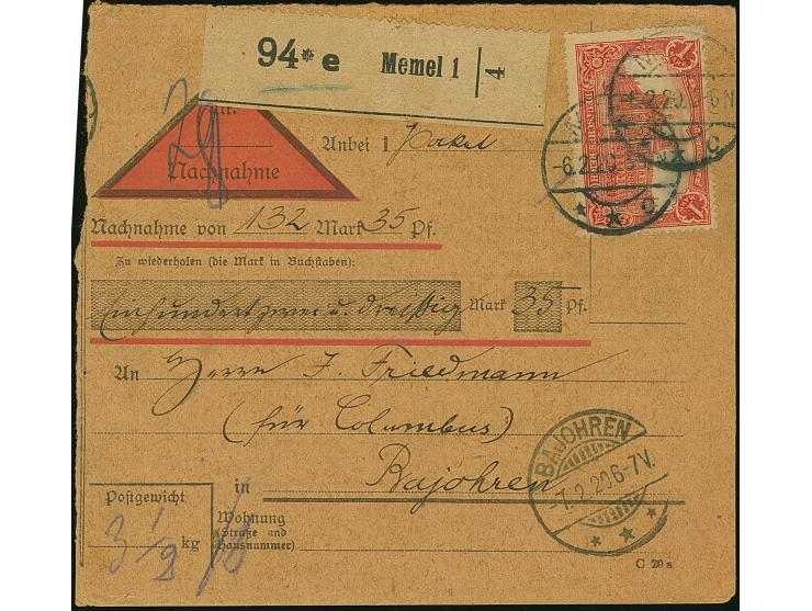1920, Germania 1 Mark rot, farbfrisch, sauber mit Stempel “MEMEL 6.2.20” auf Nachnahmekarte nach Bahoren mit Ankunftsstempel,