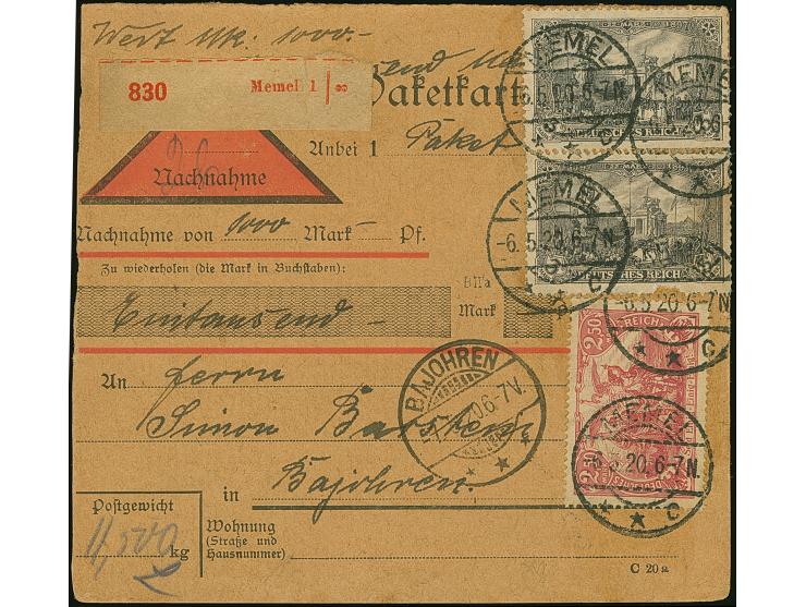 1920, Germania 3 Mark schwarzviolettgrau, zwei Einzelwerte zusammen mit 2,50 Mark lilarot, farbfrisch, sauber mit Stempel “ME