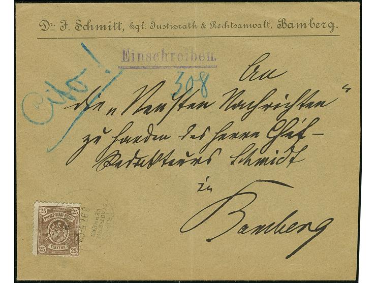 Bamberg-Privat-Brief-Verkehr: 1896, Fürth 25 Pfg. braun mit Stempel “PRIVAT-STADT-BRIEF-VERKEHR 2..3.97 HIER” auf R-Vordruck-