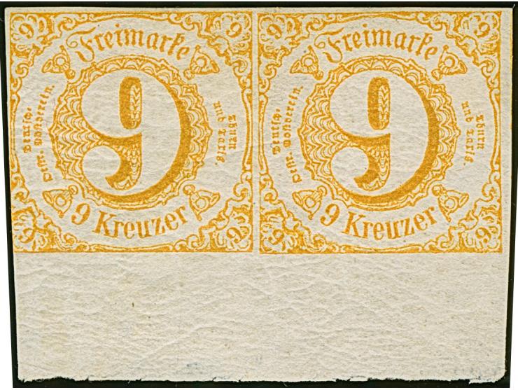 9 Kr. gelb im waagerechten Paar, Type II, farbfrisch, unten links gering berührt, sonst voll- bis überrandig, rechts mit klei