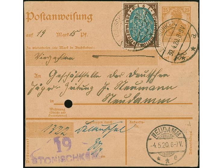1920, Postanweisungskarte Germania 25 Pfennig gelbbraun mit Nationalversammlung 15 Pfennig (Randklebung) als Zufrankatur mit 