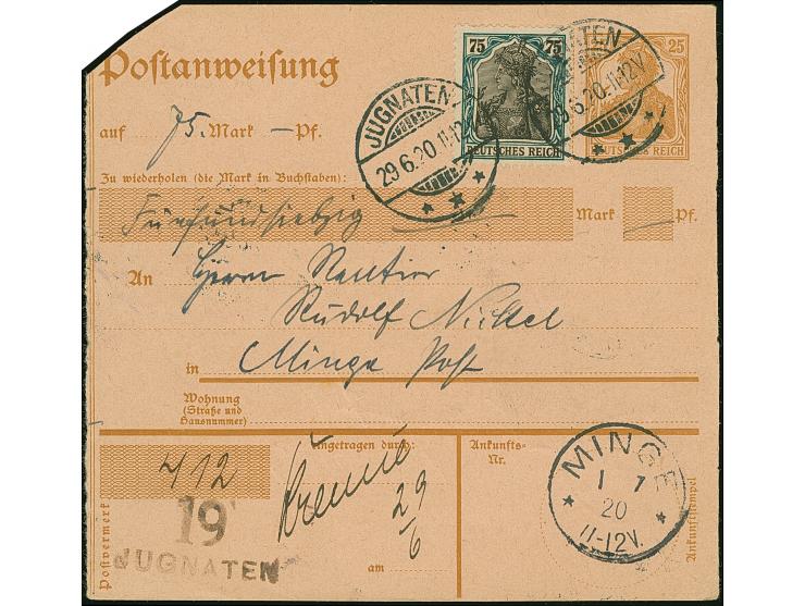 1920, Postanweisungskarte Germania 25 Pfennig gelbbraun mit Germania 75 Pfennig als Zufrankatur mit Stempel "JUGNATEN 29.6.20