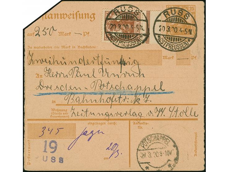 1920, Postanweisungskarte Germania 25 Pfennig gelbbraun mit Germania 35 Pfennig als Zufrankatur mit Stempel "RUSS 20.3.20" na