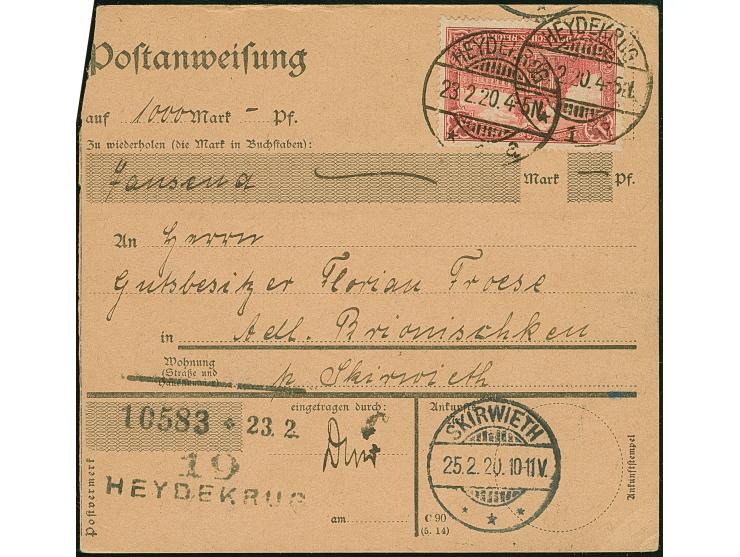 1920, Deutsches Reich Reichspostamt 1 Mark, sauber mit Stempel “HEYDEKRUG 23.2.20” auf Postanweisung nach Brionischken mit An