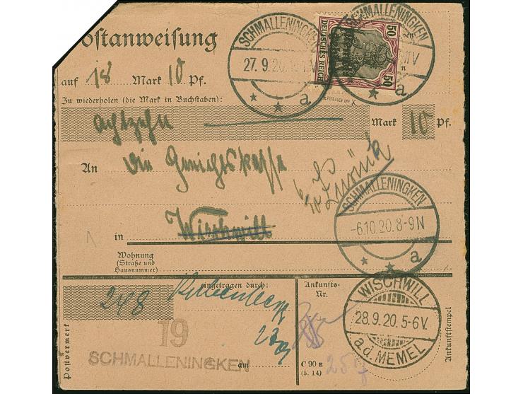1920, Germania 50 Pfennig graulila/schwarz, farbfrisch und gut gezähnt, sauber mit Stempel "SCHMALLENINGKEN 27.9.20" auf Post