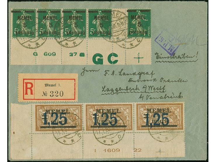 1920, 5 pfennig auf 5 Centimes schwärzlichgraugrün, fetter Aufdruck, waagerechter 5er-Streifen mit Zwischenstegpaar, mit komp